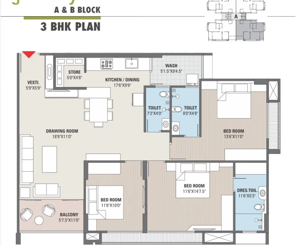 3 BHK Plan - Block A & B